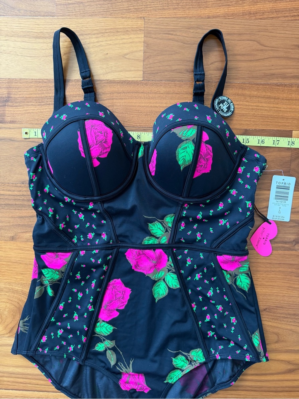 NWT Torrid x Betsy Johnson Black Pink Rose Swimsuit Sz 12 / L Whimsigoth Floral - Picture 7 of 16